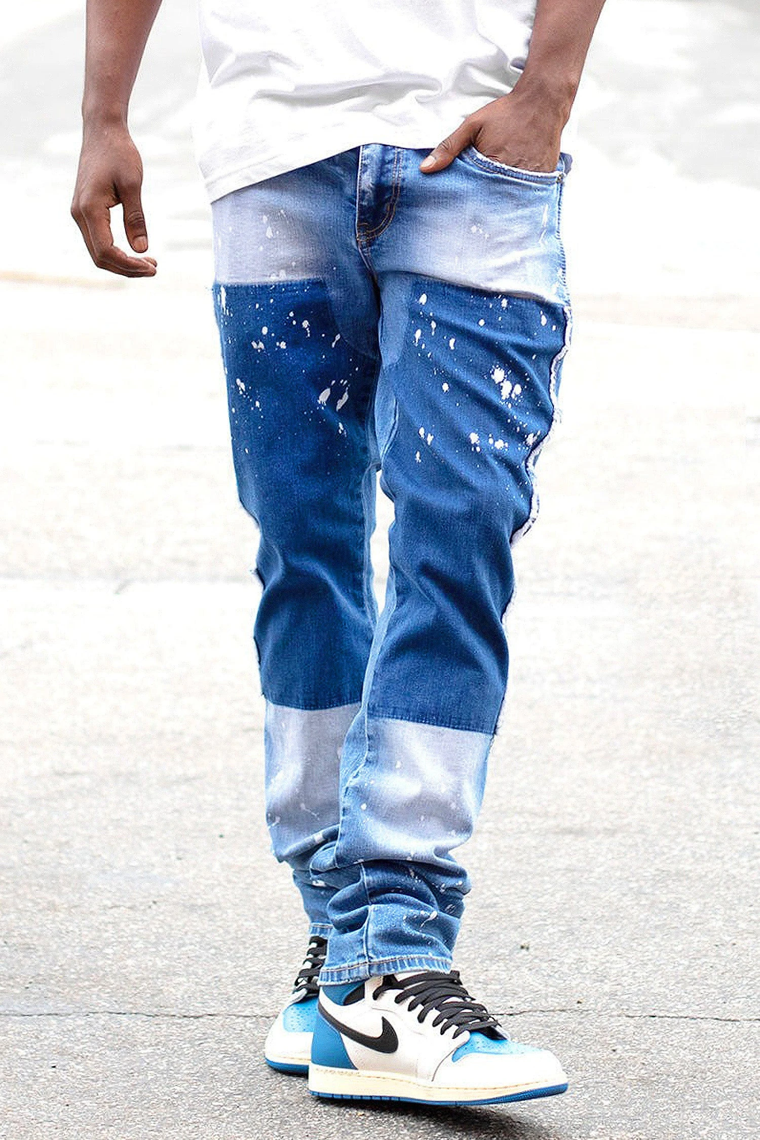 Men's Stacked Fit Repaired Paint Splatter Denim Jeans 7 Men's Stacked Fit Repaired Paint Splatter Denim Jeans - Image 5