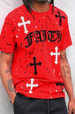 Men's Paint Splatter Faith Rhinestone Graphic T-Shirt -Victorious 0010 TS7495 RED 4