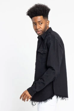 Distressed Denim Button Up Shirt Jacket -Victorious DK158 BLK 2 38726404 d038 492e a595 00574f8980cf
