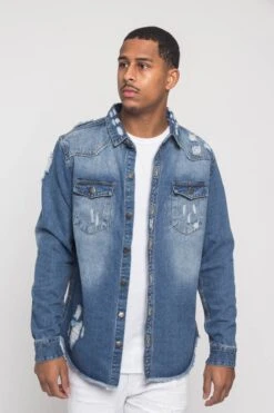 Distressed Denim Button Up Shirt Jacket -Victorious DK158 IND 1 49c49d72 e277 4c40 b202 5727df205936