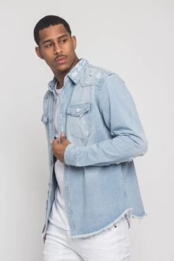 Distressed Denim Button Up Shirt Jacket -Victorious DK158 LTI 2