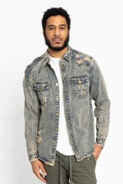 Distressed Denim Button Up Shirt Jacket -Victorious DK158 VIN 1