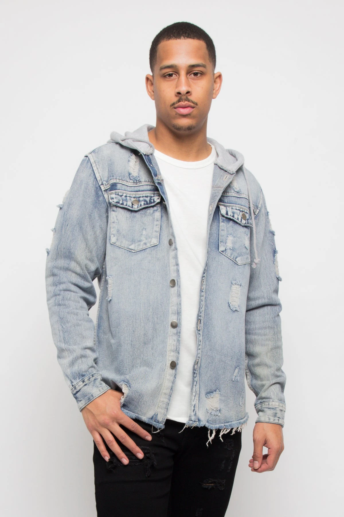 Hooded Distressed Denim Button Up Shirt 3 Hooded Distressed Denim Button Up Shirt