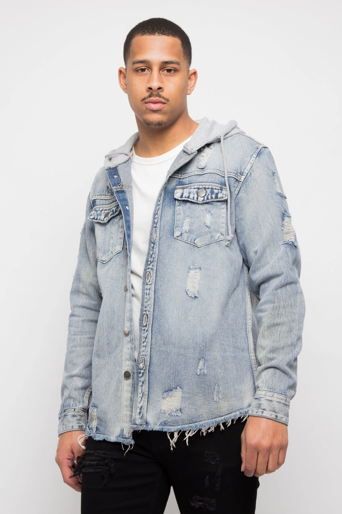 Hooded Distressed Denim Button Up Shirt 4 Hooded Distressed Denim Button Up Shirt - Image 2