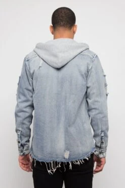 Hooded Distressed Denim Button Up Shirt 9 Hooded Distressed Denim Button Up Shirt -Victorious DK162 IND 3