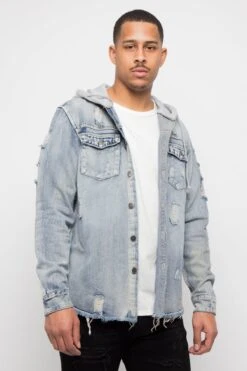 Hooded Distressed Denim Button Up Shirt 10 Hooded Distressed Denim Button Up Shirt -Victorious DK162 IND 4