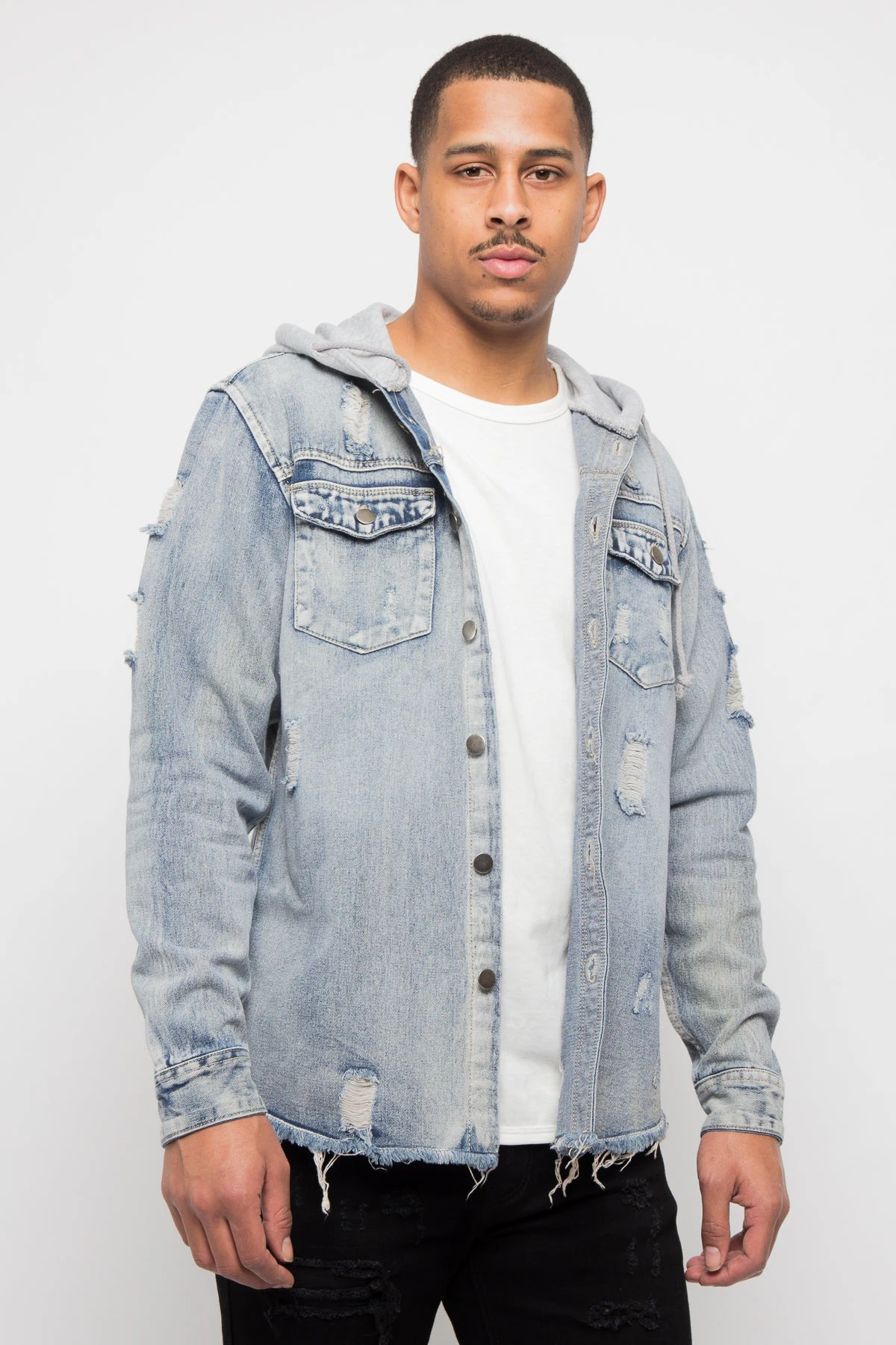 Hooded Distressed Denim Button Up Shirt 6 Hooded Distressed Denim Button Up Shirt - Image 4