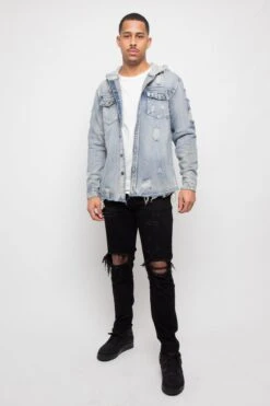 Hooded Distressed Denim Button Up Shirt 11 Hooded Distressed Denim Button Up Shirt -Victorious DK162 IND 5
