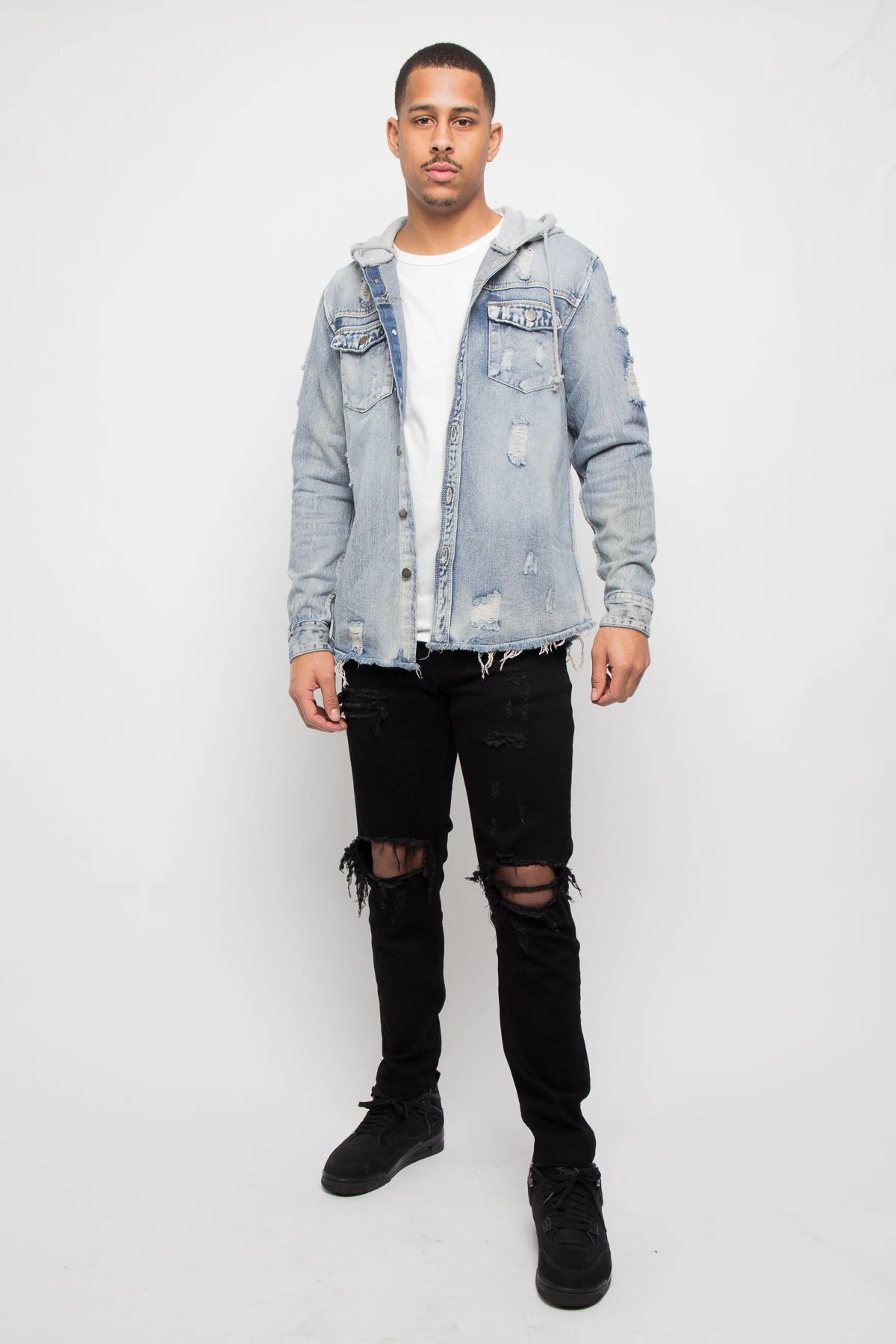 Hooded Distressed Denim Button Up Shirt 7 Hooded Distressed Denim Button Up Shirt - Image 5