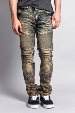 Stain Wash Biker Denim Jeans -Victorious DL1052 KHK 1