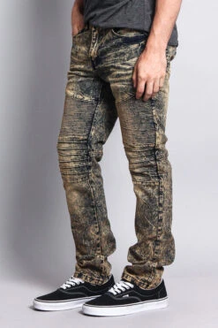 Stain Wash Biker Denim Jeans -Victorious DL1052 KHK 2