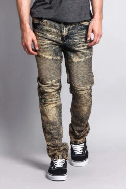 Stain Wash Biker Denim Jeans -Victorious DL1052 KHK 5