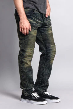 Stain Wash Biker Denim Jeans -Victorious DL1052 OLV 4