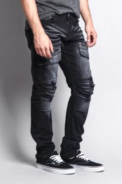 Faded Zipper Cut Cargo Pocket Biker Jeans -Victorious DL1058 BLK 4