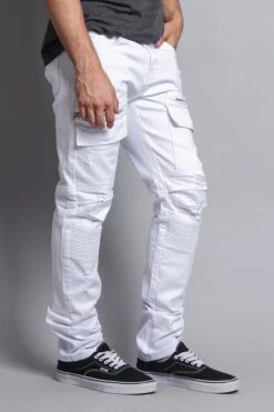 Faded Zipper Cut Cargo Pocket Biker Jeans -Victorious DL1058 WHT 4