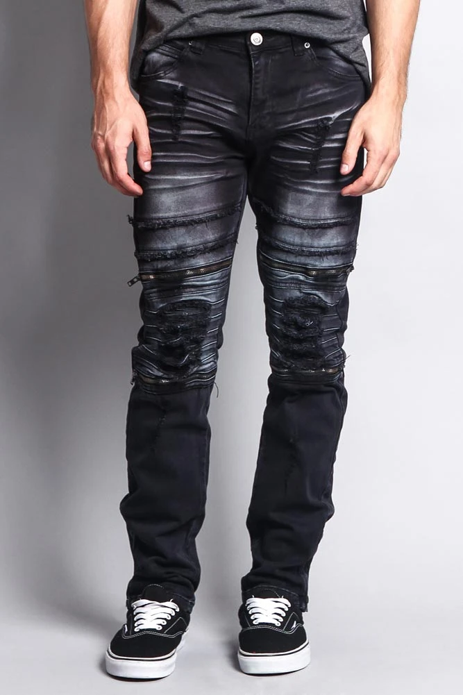 Faded Zipper Cut Distressed Knee Biker Denim Jeans 4 Faded Zipper Cut Distressed Knee Biker Denim Jeans - Image 2