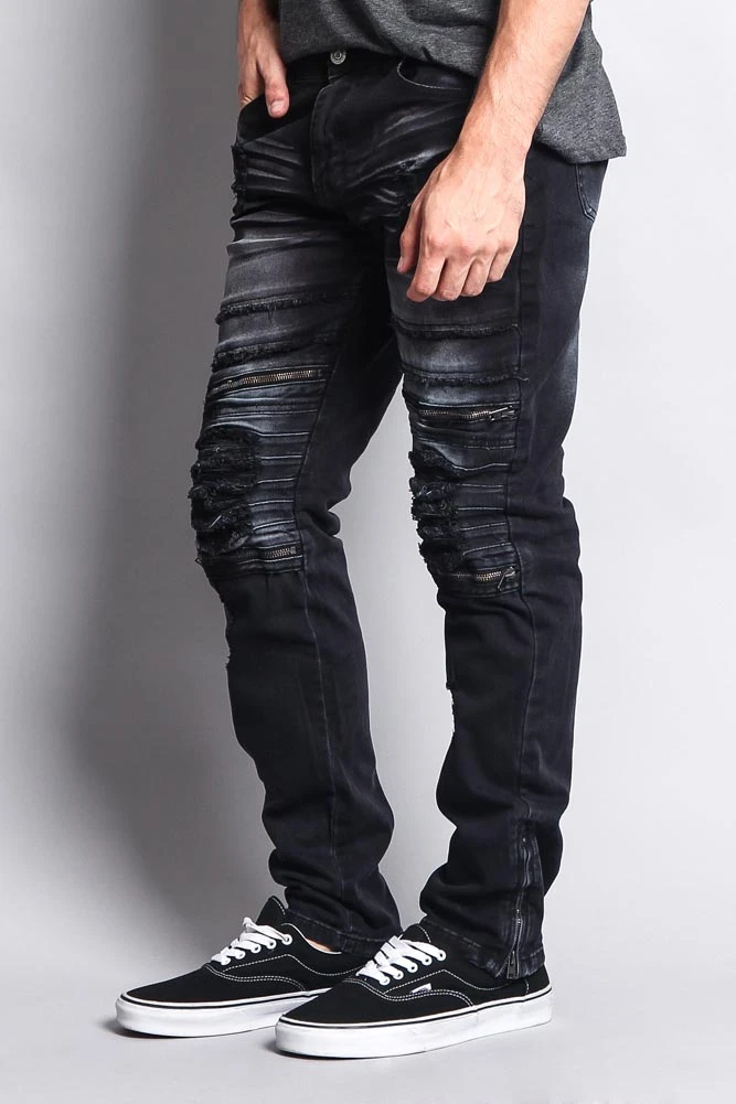 Faded Zipper Cut Distressed Knee Biker Denim Jeans 5 Faded Zipper Cut Distressed Knee Biker Denim Jeans - Image 3