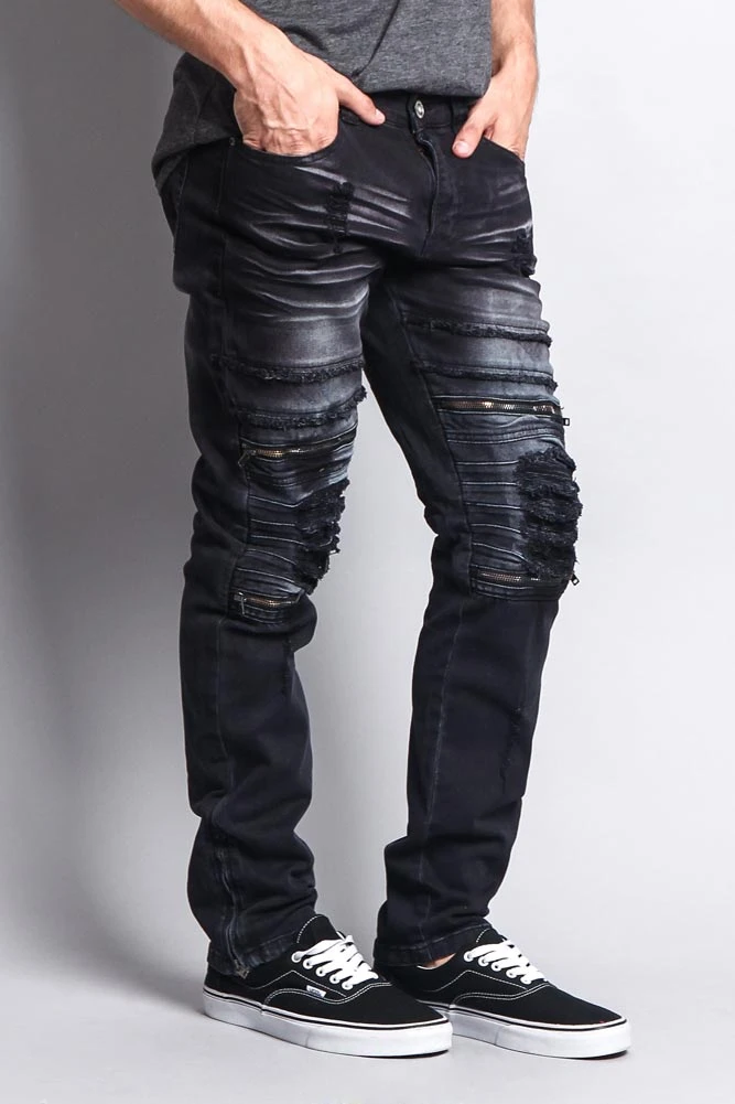 Faded Zipper Cut Distressed Knee Biker Denim Jeans 7 Faded Zipper Cut Distressed Knee Biker Denim Jeans - Image 5