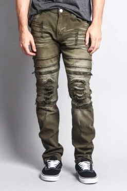 Faded Zipper Cut Distressed Knee Biker Denim Jeans 32 Faded Zipper Cut Distressed Knee Biker Denim Jeans -Victorious DL1060 OLV 1