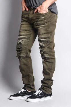 Faded Zipper Cut Distressed Knee Biker Denim Jeans 33 Faded Zipper Cut Distressed Knee Biker Denim Jeans -Victorious DL1060 OLV 2