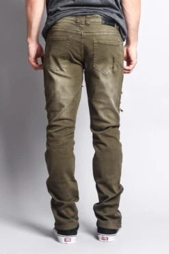 Faded Zipper Cut Distressed Knee Biker Denim Jeans 34 Faded Zipper Cut Distressed Knee Biker Denim Jeans -Victorious DL1060 OLV 3