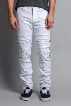 Faded Zipper Cut Distressed Knee Biker Denim Jeans 37 Faded Zipper Cut Distressed Knee Biker Denim Jeans -Victorious DL1060 WHT 1