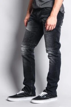 Men's Faded Skinny Biker Denim Jeans -Victorious DL1075 BLK 2