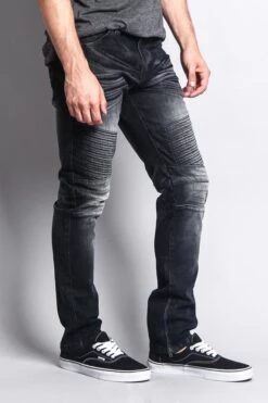 Men's Faded Skinny Biker Denim Jeans -Victorious DL1075 BLK 4