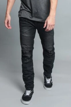 Creased Biker Denim Jeans -Victorious DL1083 BLK 3