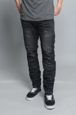 Creased Biker Denim Jeans -Victorious DL1083 BLK 4