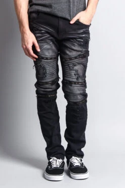 Faded Distressed Zipper Biker Jeans -Victorious DL1088 BLK 1