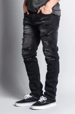 Faded Distressed Zipper Biker Jeans -Victorious DL1088 BLK 2