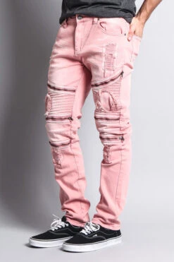 Faded Distressed Zipper Biker Jeans -Victorious DL1088 BSH 2
