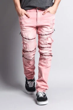 Faded Distressed Zipper Biker Jeans -Victorious DL1088 BSH 5