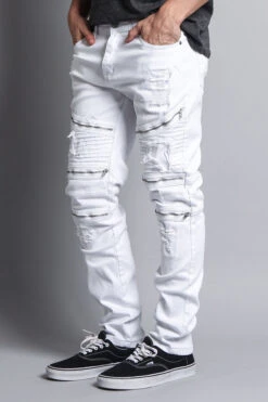 Faded Distressed Zipper Biker Jeans -Victorious DL1088 WHT 2