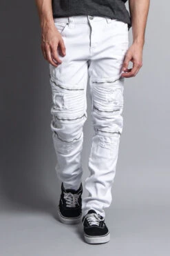 Faded Distressed Zipper Biker Jeans -Victorious DL1088 WHT 5