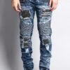 Stain Washed Contrast Patching Twill Biker Jeans