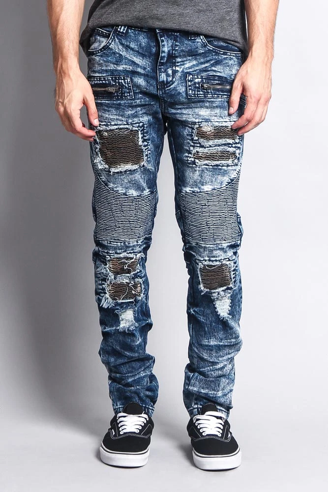 Stain Washed Contrast Patching Twill Biker Jeans 3 Stain Washed Contrast Patching Twill Biker Jeans
