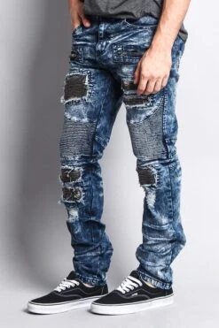 Stain Washed Contrast Patching Twill Biker Jeans 14 Stain Washed Contrast Patching Twill Biker Jeans -Victorious DL1089 DKI 2