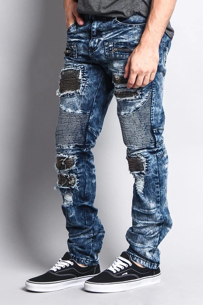 Stain Washed Contrast Patching Twill Biker Jeans 5 Stain Washed Contrast Patching Twill Biker Jeans - Image 3