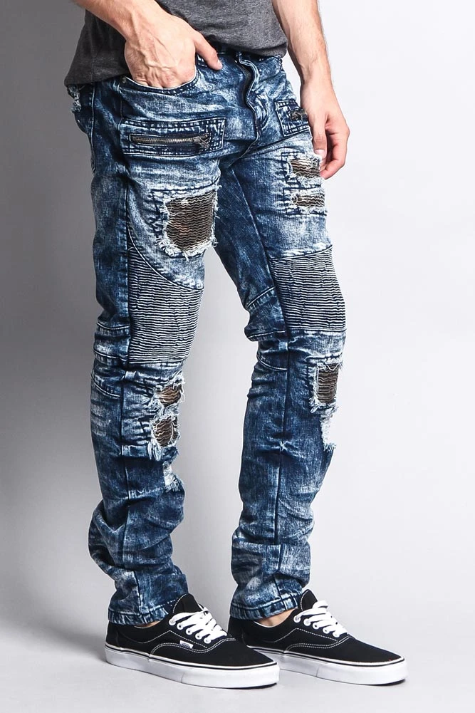 Stain Washed Contrast Patching Twill Biker Jeans 7 Stain Washed Contrast Patching Twill Biker Jeans - Image 5