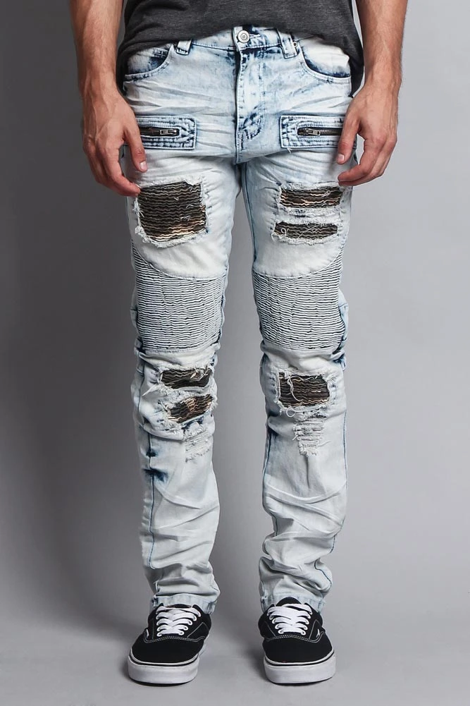 Stain Washed Contrast Patching Twill Biker Jeans 4 Stain Washed Contrast Patching Twill Biker Jeans - Image 2