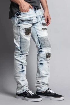 Stain Washed Contrast Patching Twill Biker Jeans 20 Stain Washed Contrast Patching Twill Biker Jeans -Victorious DL1089 LTI 4