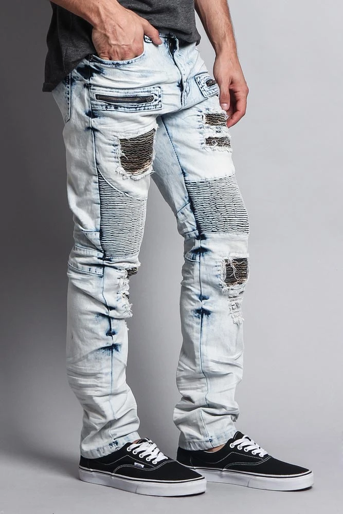Stain Washed Contrast Patching Twill Biker Jeans 11 Stain Washed Contrast Patching Twill Biker Jeans - Image 9
