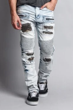 Stain Washed Contrast Patching Twill Biker Jeans 21 Stain Washed Contrast Patching Twill Biker Jeans -Victorious DL1089 LTI 5