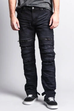 Distressed Acid Washed Biker Slim Jeans -Victorious DL1115 BLK 1