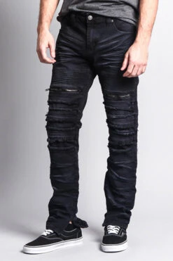 Distressed Acid Washed Biker Slim Jeans -Victorious DL1115 BLK 2