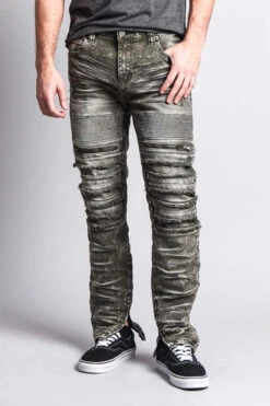 Distressed Acid Washed Biker Slim Jeans -Victorious DL1115 OLV 1