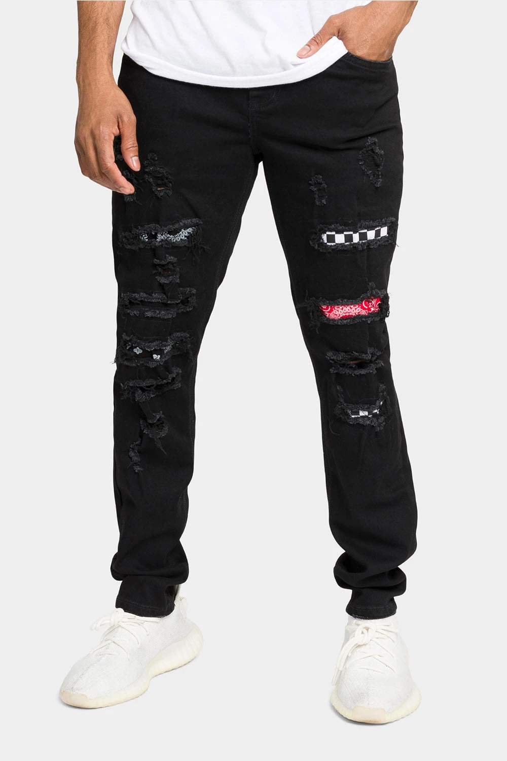 Distressed Patterned Patchwork Denim Jeans 3 Distressed Patterned Patchwork Denim Jeans