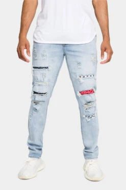 Distressed Patterned Patchwork Denim Jeans 27 Distressed Patterned Patchwork Denim Jeans -Victorious DL1134 LTI 1
